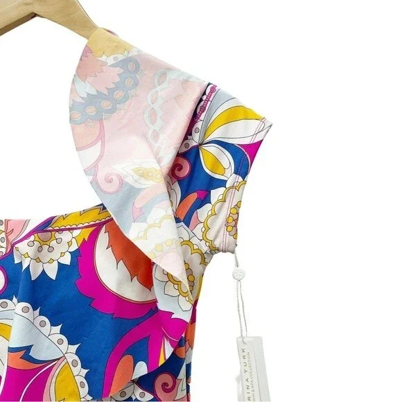 NWT Trina Turk Sevilla Ruffle One Piece Swimsuit Pink Blue Combo Women’s Size 14